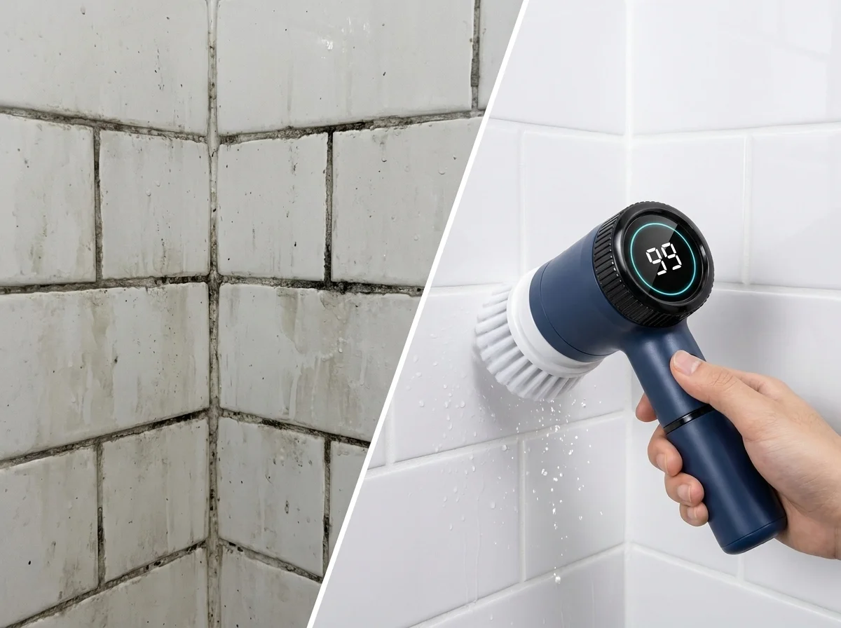 split before and after grout line - sponge side dirty, Spinvera side white