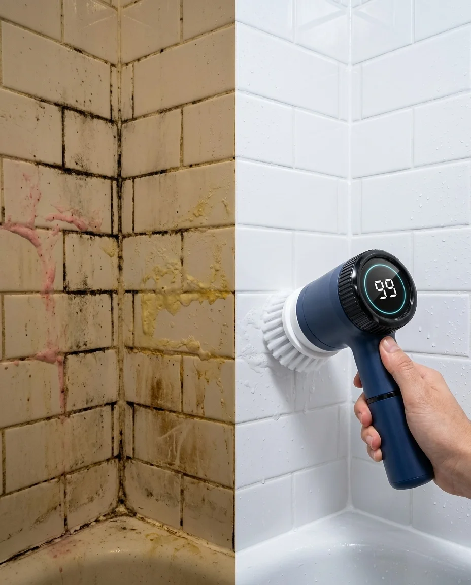 Spinvera cleaning shower grout - before and after