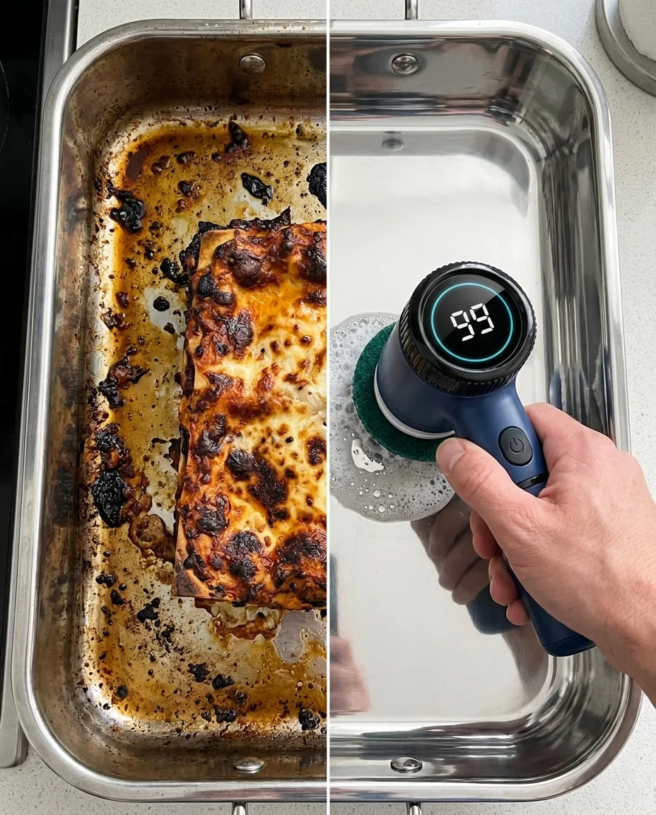 Spinvera scrubbing a greasy pan - before and after