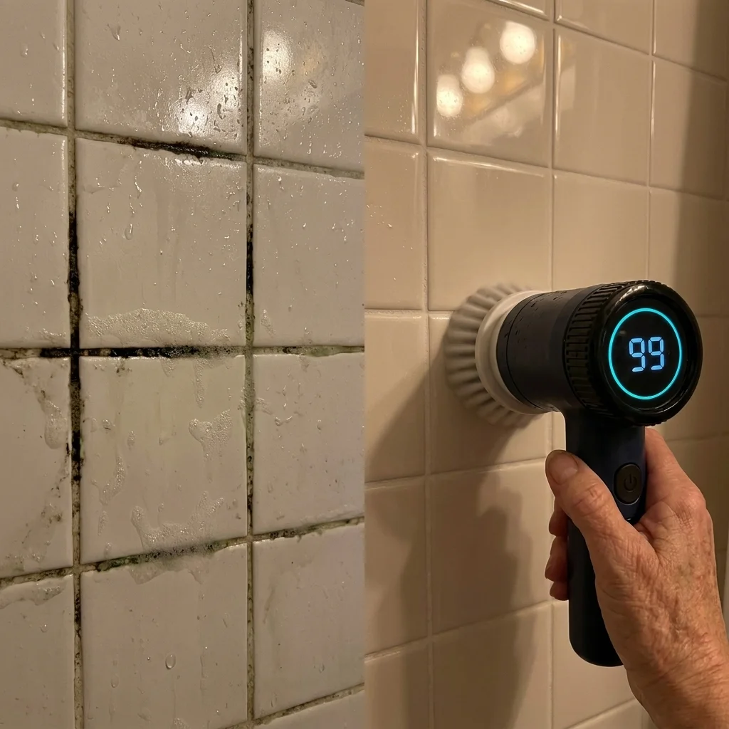 grout line before and after with Spinvera - sponge side dark, Spinvera side white