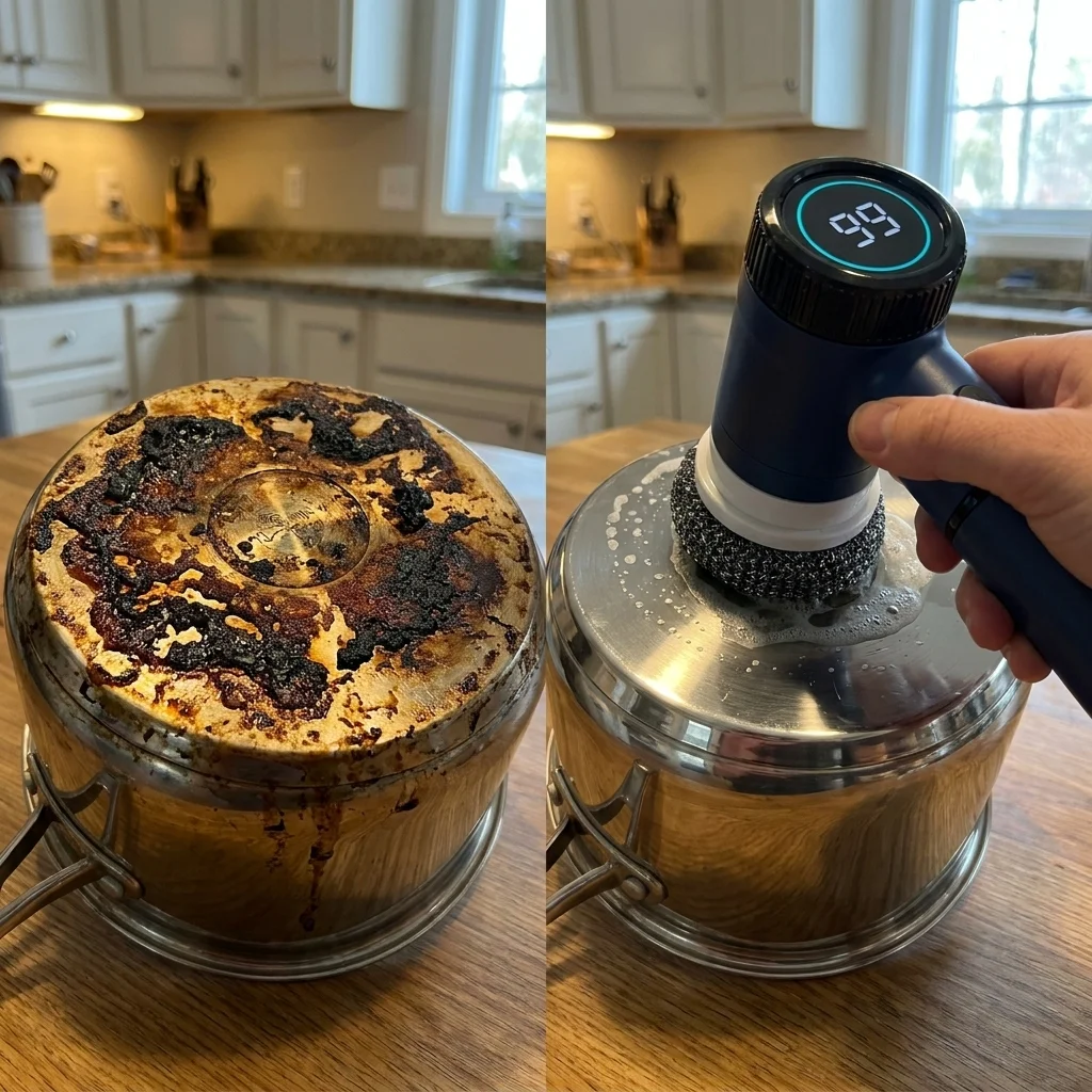 stainless saucepan before and after - burnt food on sponge side, mirror clean on Spinvera side