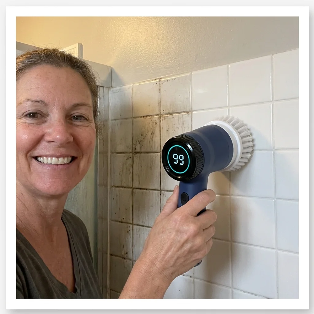 shower tile before and after with Spinvera in hand
