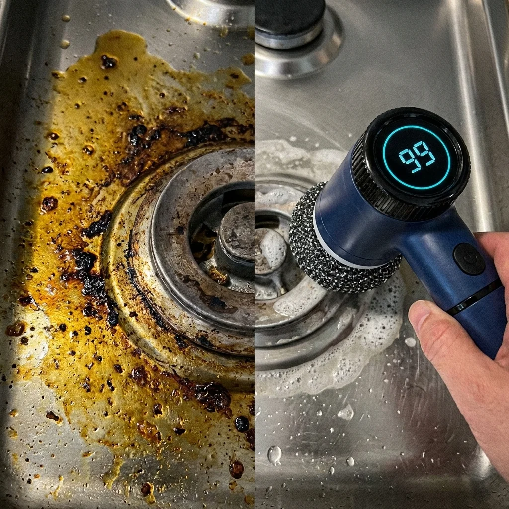 stovetop before and after - sponge side greasy, Spinvera side spotless