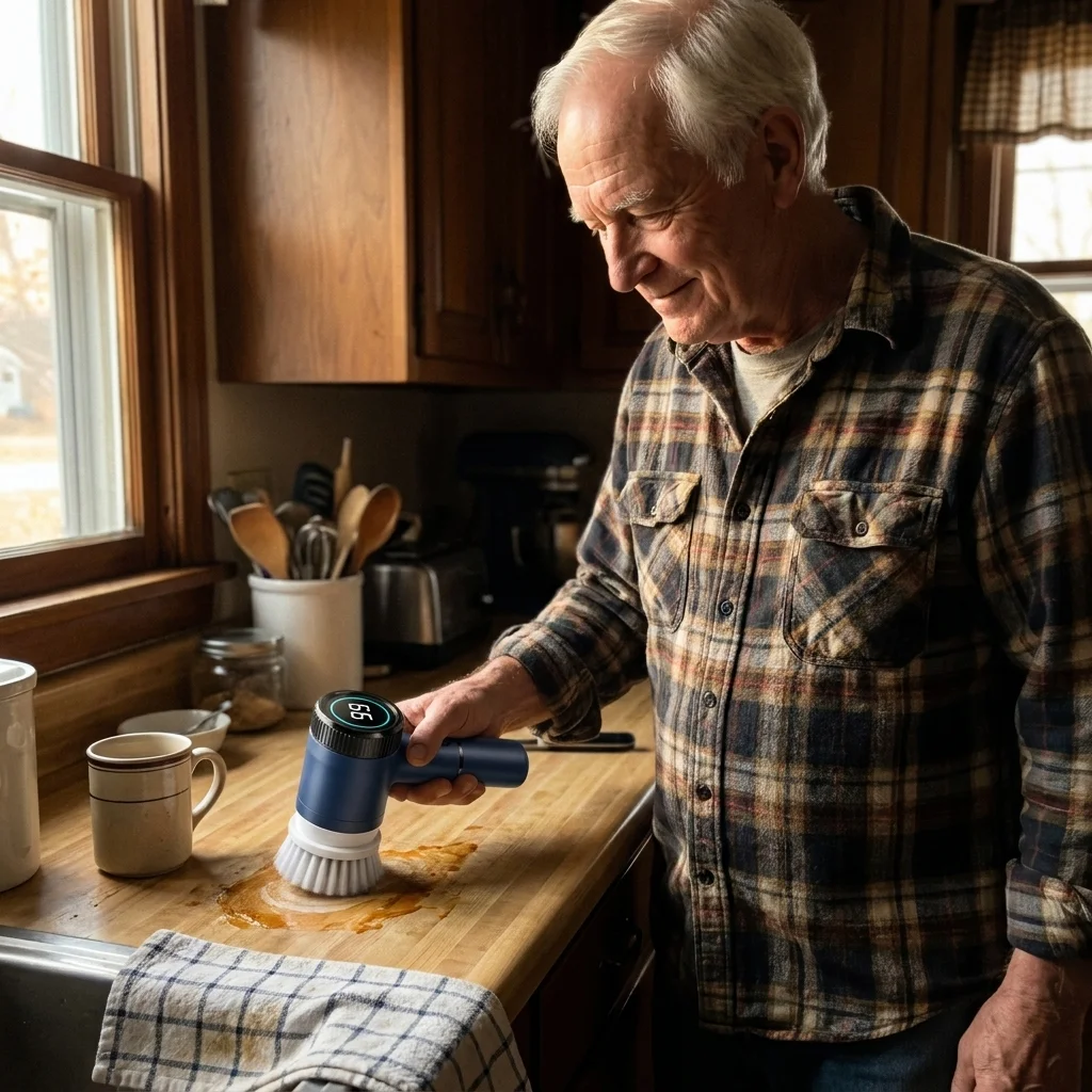 older man using Spinvera to clean kitchen counter